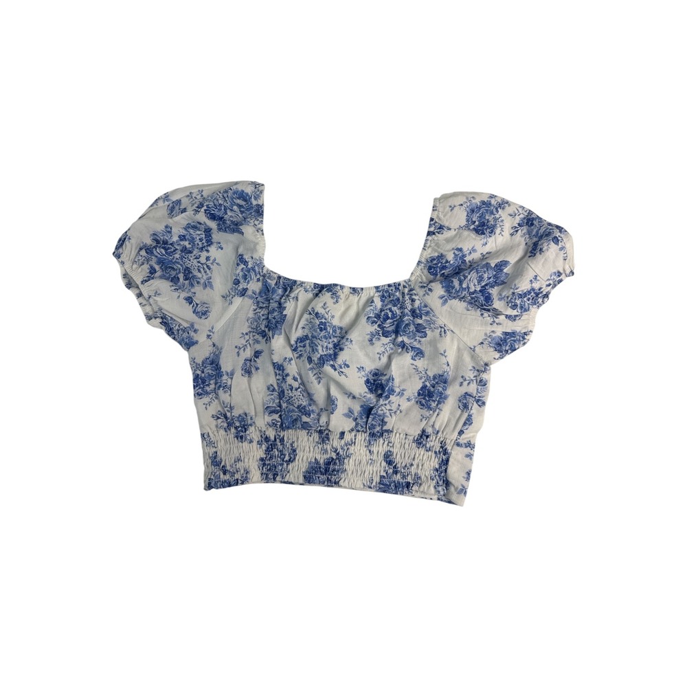 Monteau Floral Crop Top Womens Medium Blue White Excellent Cottagecore - Picture 2 of 8